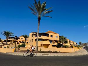 a person riding a bike next to a palm tree at Casa La Luz in Costa Calma