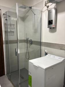 a shower with a glass door next to a sink at Altea Retreat - Ponte di Legno in Ponte di Legno +11 photos