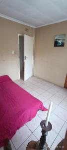 a bedroom with a bed with a pink blanket at Bushman Spoor Backpackers in Soweto