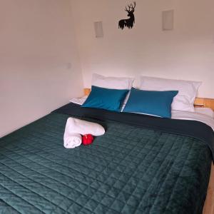 Słoneczny Apartament Panorama 5 7 z Widokiem na Jezioro i Góry في بولانكسيك: غرفة نوم بسرير اخضر عليها مناشف