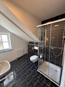 Bavaria Home Studio with terrace في غايزنفلد: حمام مع دش ومرحاض ومغسلة +8 صور