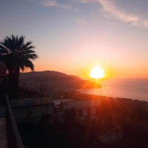einen Sonnenuntergang über dem Meer mit einer Palme in der Unterkunft B&B L'incanto del Golfo in Agropoli