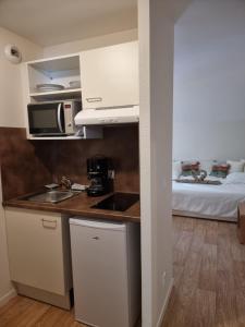 a kitchen with a sink and a microwave and a bed at La Poudreuse Résidence les Balcons d'Aix in La Féclaz +9 photos