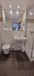 a bathroom with a toilet and a sink and a shower at Euro Hotel Friedberg in Friedberg +18 photos