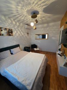 una camera da letto con un letto grande e un soffitto con un motivo a stelle di Apartman Rada 3 a Bijeljina