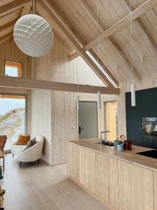 KvenværにあるArchitectural Gem On Rocks In Kvenværのキッチン(カウンター、ソファ付)が備わる客室です。