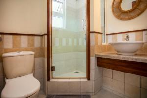 a bathroom with a shower and a toilet and a sink at Three-bedroom at Jardin du Cap with shared pool in Cap Malheureux +20 photos
