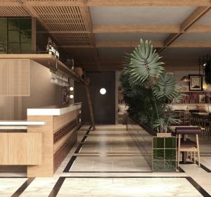 Corendon Hydros Club Kemer في كيمير: ردهة مطعم بها طاولة ونبتة