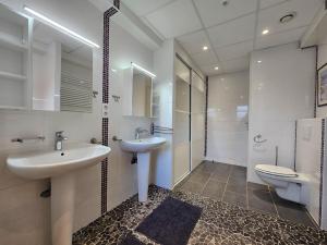 une salle de bain avec deux lavabos et un WC dans l'établissement Gites de groupes Les Muriers, à Bourgvilain