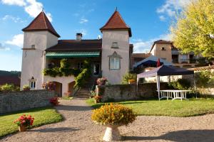 une grande maison avec un jardin et une table dans l'établissement Gites de groupes Les Muriers, à Bourgvilain