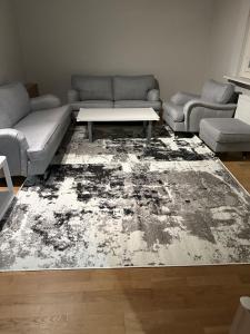 a living room with a couch and a rug at Tapulikaupunki Apartment Helsinki in Helsinki