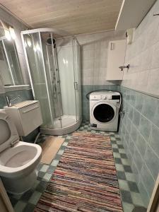 a bathroom with a toilet a sink and a washing machine at Tapulikaupunki Apartment Helsinki in Helsinki +32 photos