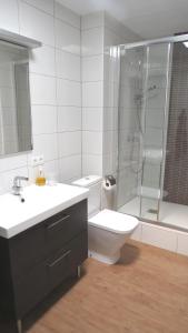 Un baño con inodoro, ducha y lavabo. en Vv Apartamento Gran Vista Los Marinos, en Tías