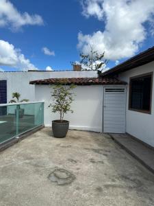 een garage met een boom in een pot naast een huis bij casa de campo em Aldeia PE in Recife