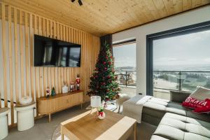a living room with a christmas tree and a couch at Tatres Bachledówka in Czerwienne