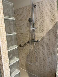 un bagno con doccia e ripiani in vetro di Ancienne ferme Gersoise a Riscle