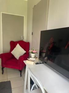 33 Boeren في فرايهيد: غرفة معيشة بها كرسي أحمر وجهاز تلفزيون بشاشة كبيرة