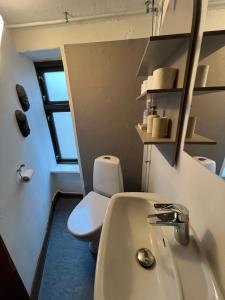een badkamer met een wit toilet en een wastafel bij The Cozy Cave Odense Center in Odense +13 foto's