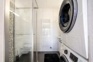 Un baño con lavadora y un inodoro. en A&Y Alpenchique Apartment Davos, en Davos 42 fotos más