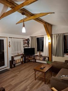 a living room with a couch and a tv at Casa Zaharia Azuga in Azuga +29 photos