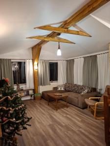 a living room with a couch and a christmas tree at Casa Zaharia Azuga in Azuga