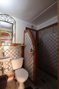 Un baño con inodoro, lavabo y espejo. en Maison d'Hôte Argana, en Aït Idaïr