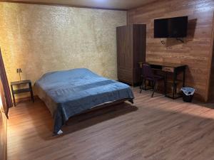 a bedroom with a bed and a desk and a television at The Mint Motel in Arlington