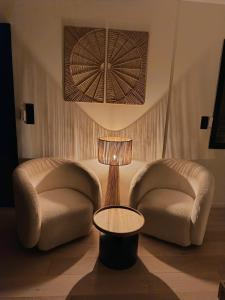 two chairs and a lamp in a living room at une parenthèse à deux in Saint-Alexandre +2 photos