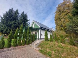 a green and white house with a row of trees at Domek Markoušovice in Velké Svatoňovice