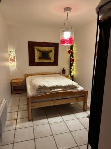 a bedroom with a bed with a light above it at Grange des Taouré in Vignec +1 photo