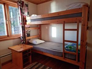 a room with two bunk beds and a desk at Holiday home- 50m to sandy beach at Kavlanda Brygga SE09147 in Tviklippan