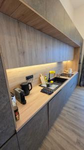 a kitchen with a sink and a counter top at Forest Edge Lake House in Desmerice