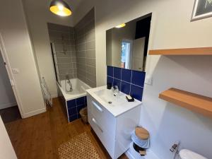 ein Badezimmer mit Waschbecken, Toilette und Spiegel in der Unterkunft Villa Simone - 8 pers, 100m plage et sauna in Mers-les-Bains