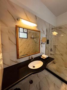 a bathroom with a sink and a mirror and a shower at Hotel Boheda Palace - 1KM away from Lake Pichola in Udaipur +6 photos