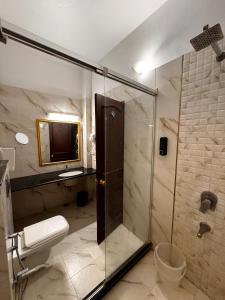 a bathroom with a shower and a toilet and a television at Hotel Boheda Palace - 1KM away from Lake Pichola in Udaipur