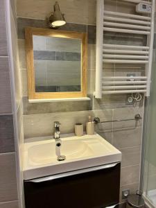 een badkamer met een witte wastafel en een spiegel bij Le Cocon de la Trinité T22 in Troyes