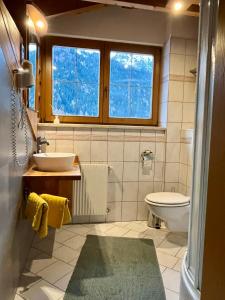 a bathroom with a sink and a toilet and two windows at Haus Vallazza in Fulpmes