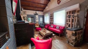 Oceana Suites San José de Maipo في إل كانيلو: غرفة معيشة مع كراسي حمراء ومدفأة