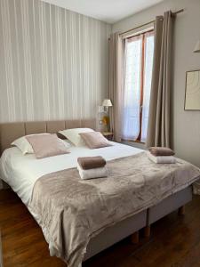 een slaapkamer met een groot bed met twee kussens erop bij La Grande escapade T12 in Troyes +28 foto's