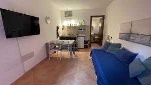 アヴェッリーノにあるB&B Moscati homeの青いソファとキッチンのあるリビングルーム