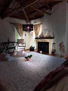 a bedroom with a large bed with a fireplace at Δωμάτια Εξοχή-With fireplace and view to the sea in Elíki