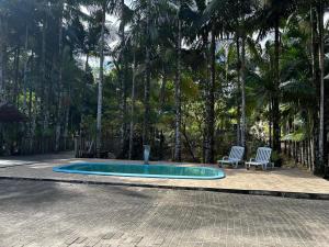 a small swimming pool with two chairs and palm trees at Pousada Quintal Verde in Guabiruba