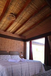 een slaapkamer met een groot bed met een groot raam bij Cabañas Los Cardones Tilcara in Tilcara