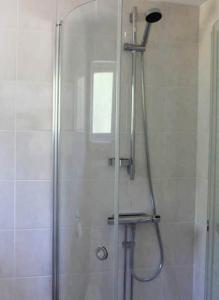 Two cottages by the forest & sea SE09136 في Slussen: دش في الحمام مع باب زجاجي