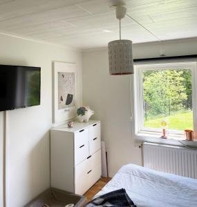 Villa with sauna, 650 m to the beach SE09135 في Sörtegen: غرفة نوم بها سرير وتلفزيون ونافذة