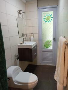 Cerroazulfarmlodge في سيرو أزول: حمام مع مرحاض ومغسلة ونافذة