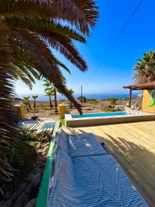 a bed on the beach with a palm tree at The Tree House Surf Camp in Adeje