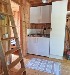 a kitchen with a white refrigerator and a ladder at Cozy cottage on beautiful Rossö, Orust SE09130 in Röd