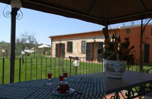 Agriturismo Il Maggio - Manciano في مانشانو: طاولة مع إناء من الزهور وكوبين