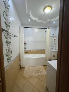 a bathroom with a shower and a tub and a sink at spacious apartment in Almaty +8 photos
